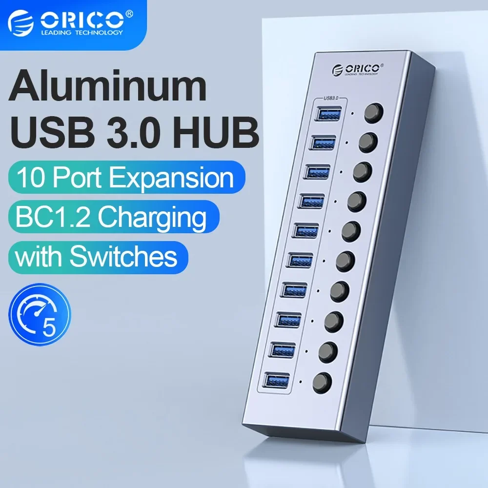 Hub Usb 3.0 Alimentado por Orico Extensão Usb de Alumínio com Interruptores Ligados e Desligados Suporte Bc1.2 Divisor de Carregamento para pc Portas 10 Portas 13 Portas 16 Portas