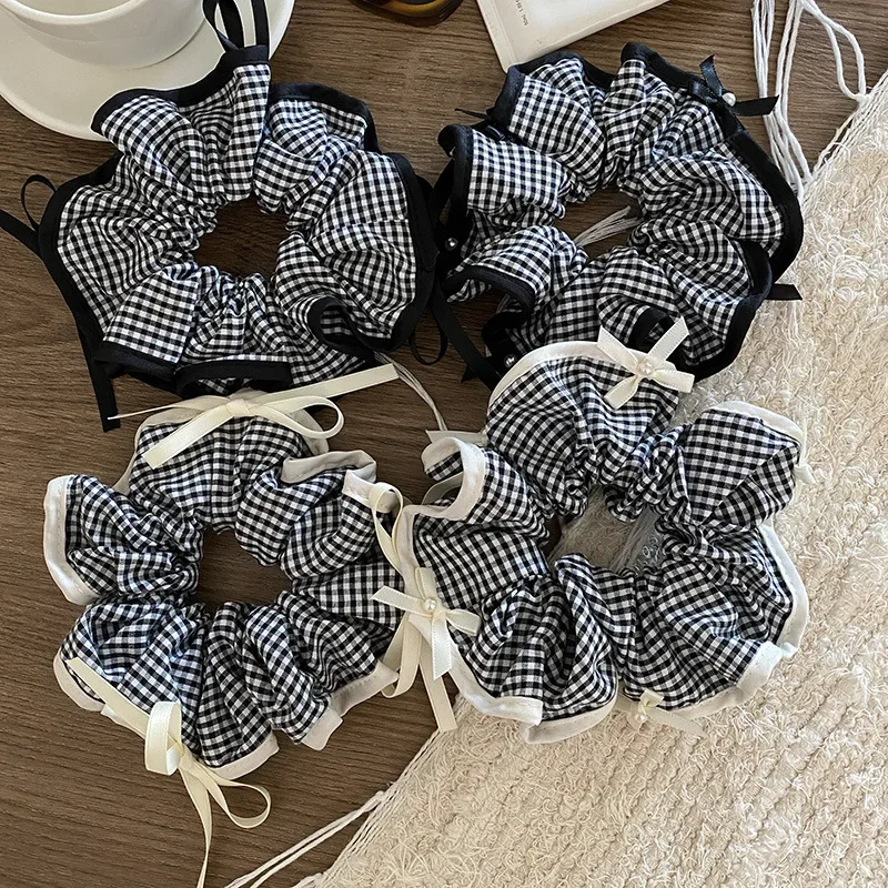 Elegant Black and White Plaid Scrunchie Hair Accessory