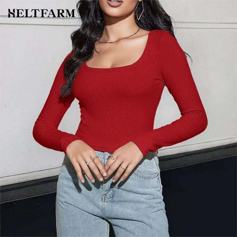 

Women's Ribbed Knit Pit Slim Fit Long Sleeve Square Neck Basic T-Shirt Outwear Crop Tops
