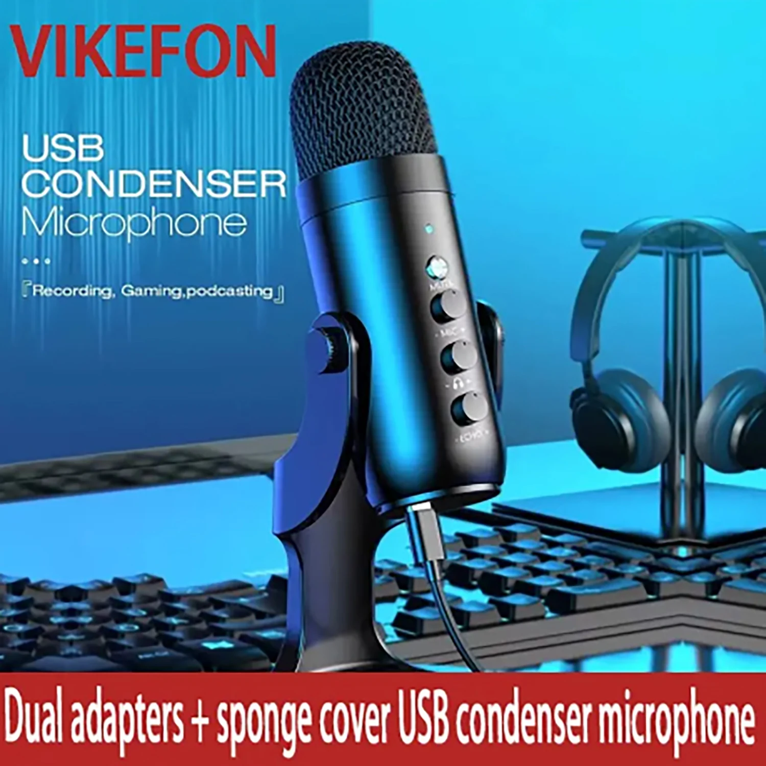 USB Microphone for PC Mac Gaming Recording Streaming Podcasting, Computer Condenser Mic with Phone Adapter Headphone Output