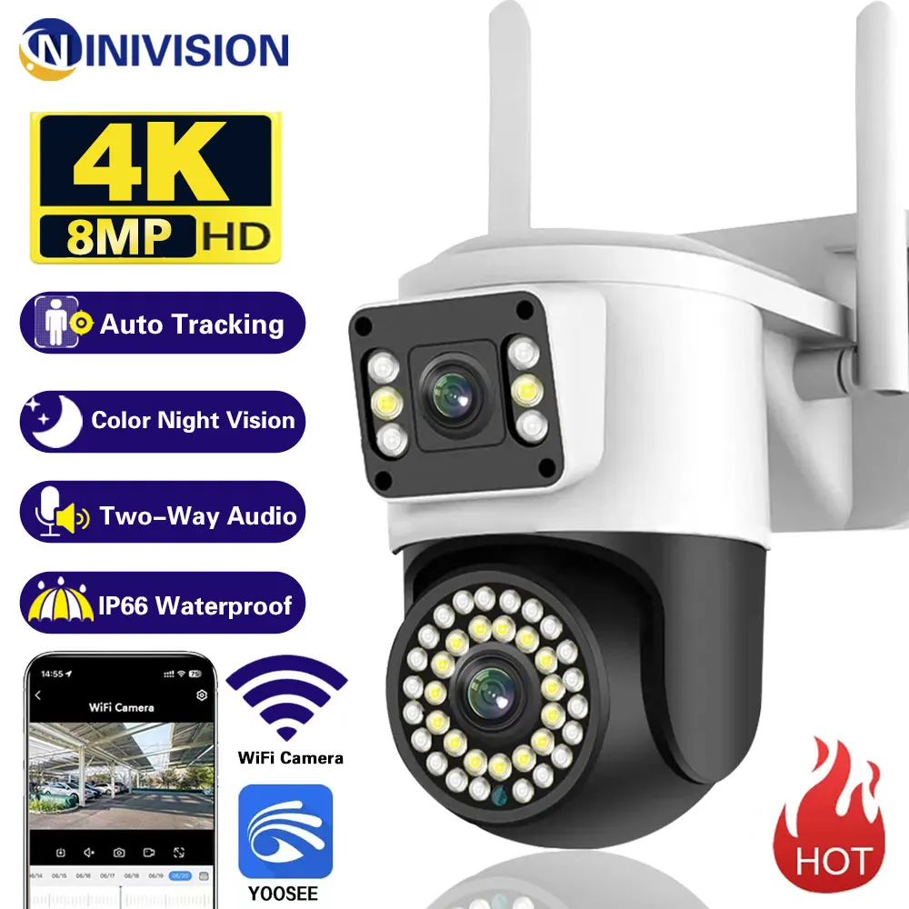 8MP 4K Wifi IP Camera Dual Screens Night Vision PTZ Video Surveillance Camera Outdoor Motion Detection CCTV Security WiFi Camera