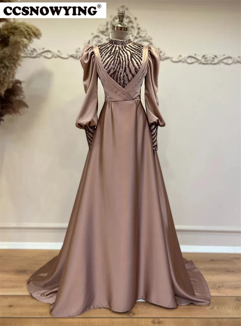 

Classical Appliques Satin High Neck Puffy Sleeve Evening Dresses Prom Dress Formal Occasion Dresses Arabic Dubai Kaftan