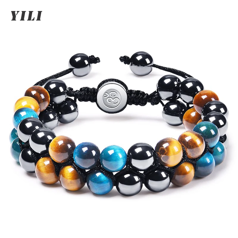 

Triple Protection Bracelet 8MM Hematite Black Agate Tigers Eye Stone Bracelet Healing Crystal Natural Stone Bead Bracelets Men