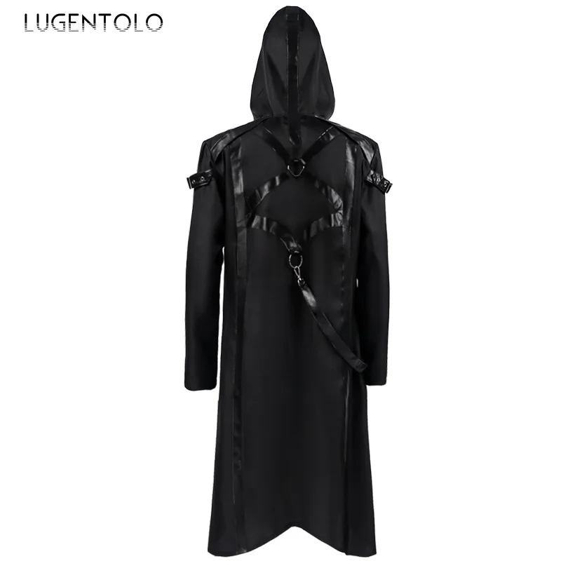Men Medieval Trench Dark Gothic Hooded Zipper Long Sleeve Black Coat New Halloween Retro Casual Party Performance Jackets
