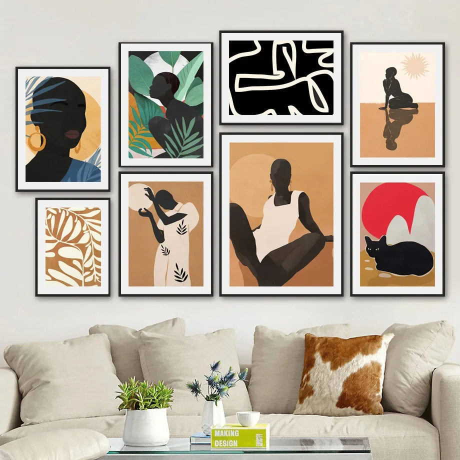 

Black Cat African Women Line Leaf Vintage Wall Art Canvas Painting Nordic Posters And Prints Wall Pictures For Living Room Decor