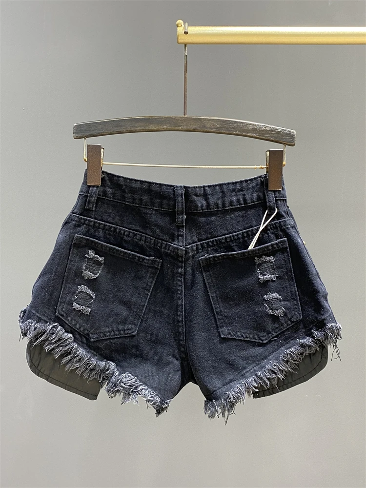 Summer Frayed Design Hot Girl Pocket Wide-Leg Jeans A-line Short Pants Leak Pocket Ripped Mini Shorts For Women's Y2k Clothes