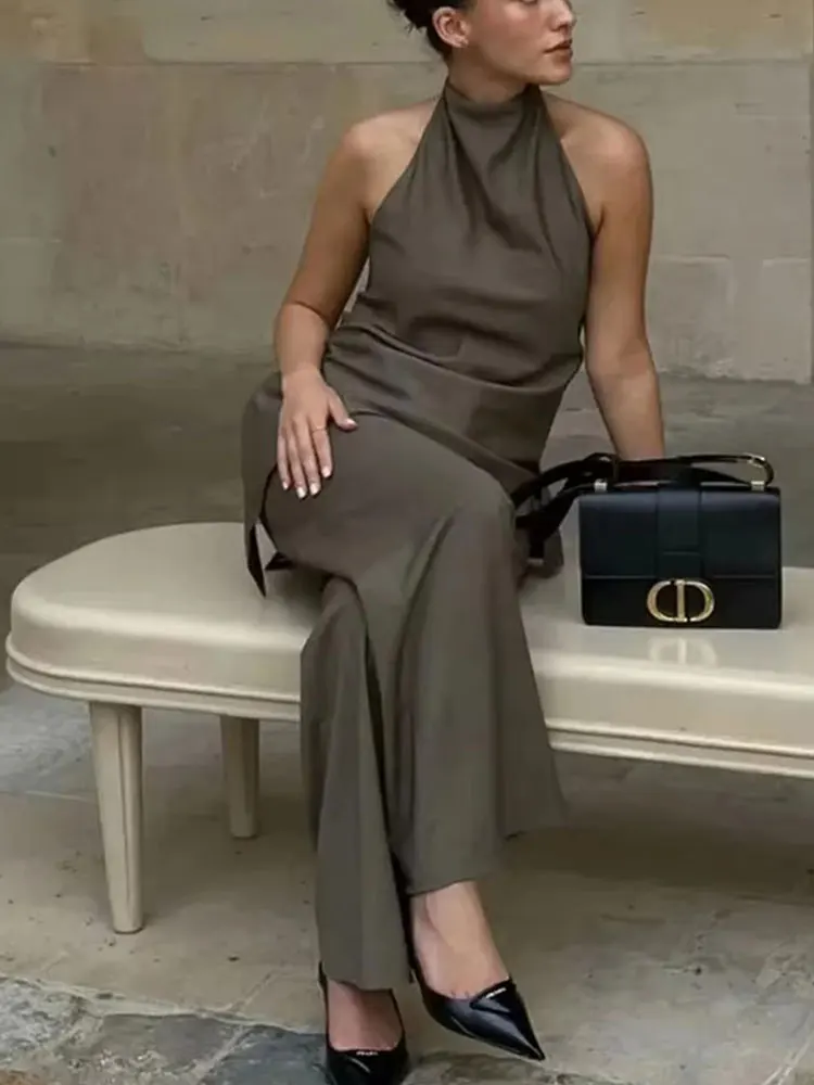 HH Women Vintage Solid Pant Sets Sexy Backless Halter Camis Top Asymmetric Tank Top + Drawstring Trousers Fashion Streetwear