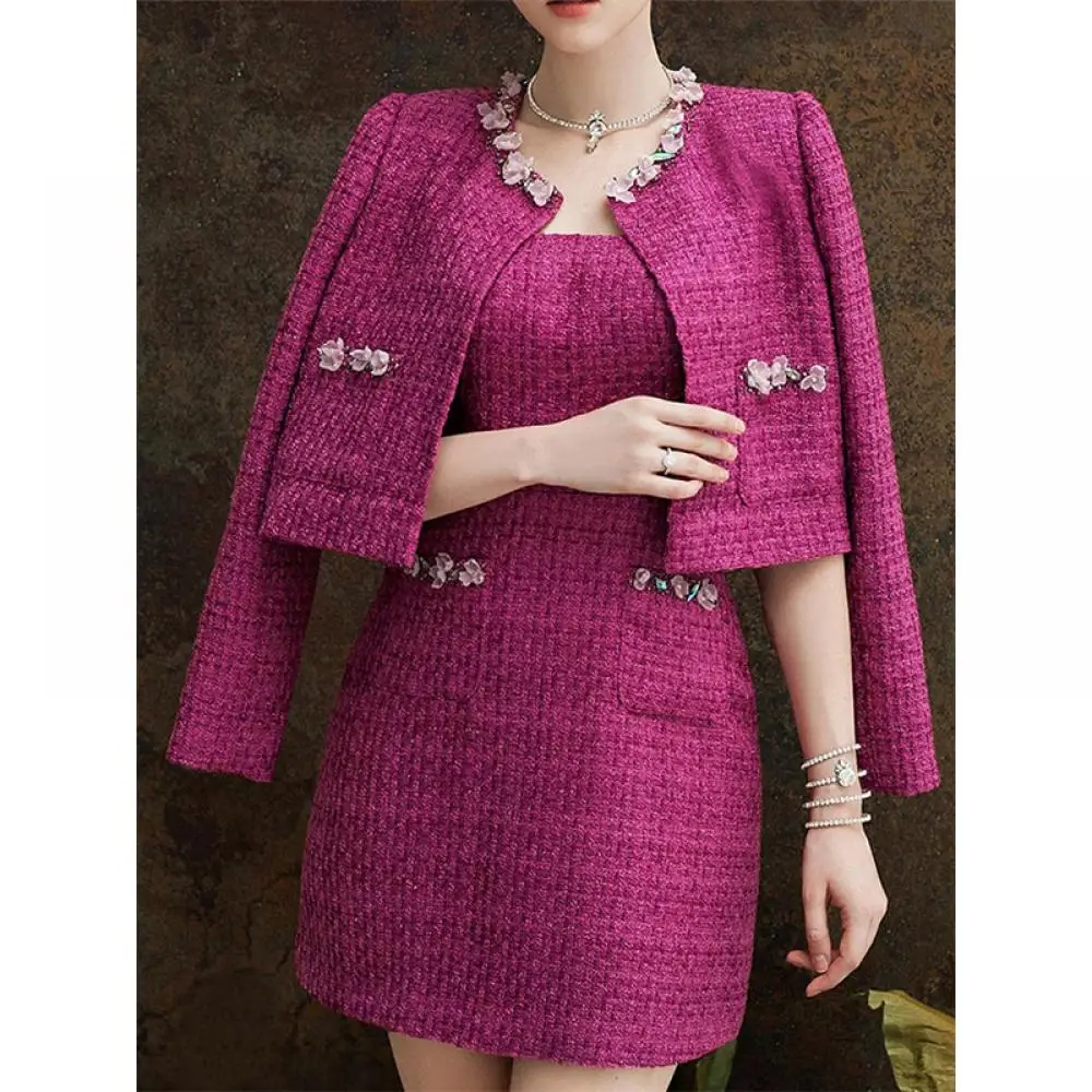 

High Quality Tweed Rose Pink Dress 2 Piece Sets Women Elegant Fashion Spring New 3D Flower Beaded Puff Sleeve Tops Sling Dress