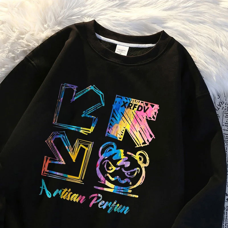 The Arrow Points To The Bear Men Pullover Hip Hop Loose Autumn Hoody Cartoons Fleece Sweatshirt Harajuku Crewneck Streetwear