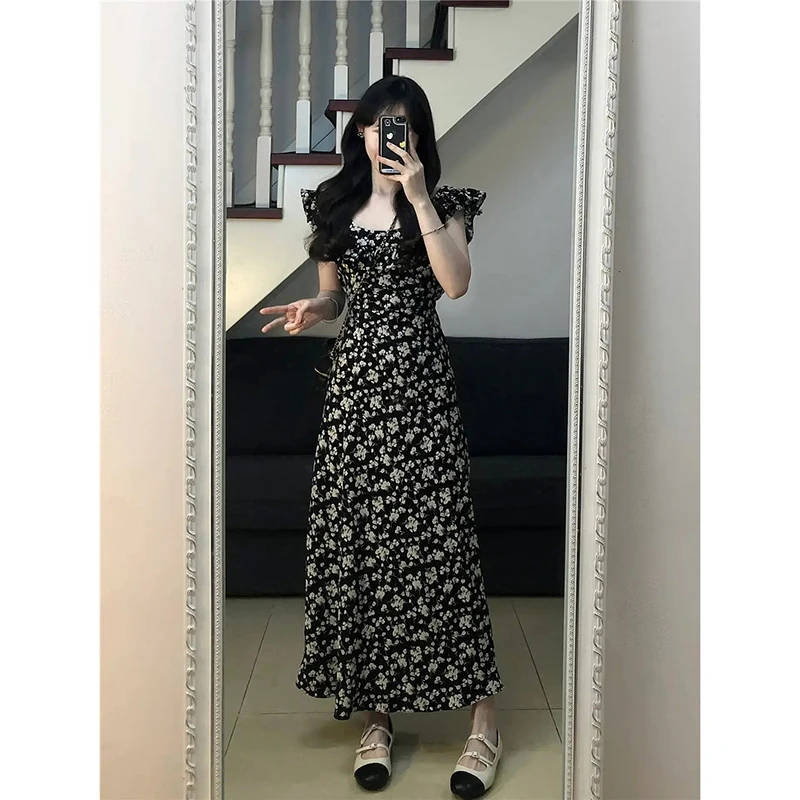 

Square Collar Irregularity Y2k Dress Floral Print Waisted Dresses Vintage French Robe Slim Korean Fashion Vestidos Para Mujer