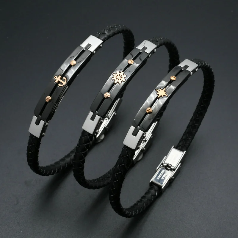 

5pcs New Arrival Rose Gold Plating Anchor Rudder Star 304L Stainless Steel Braided Leather Fashion Men Hand Bracelet