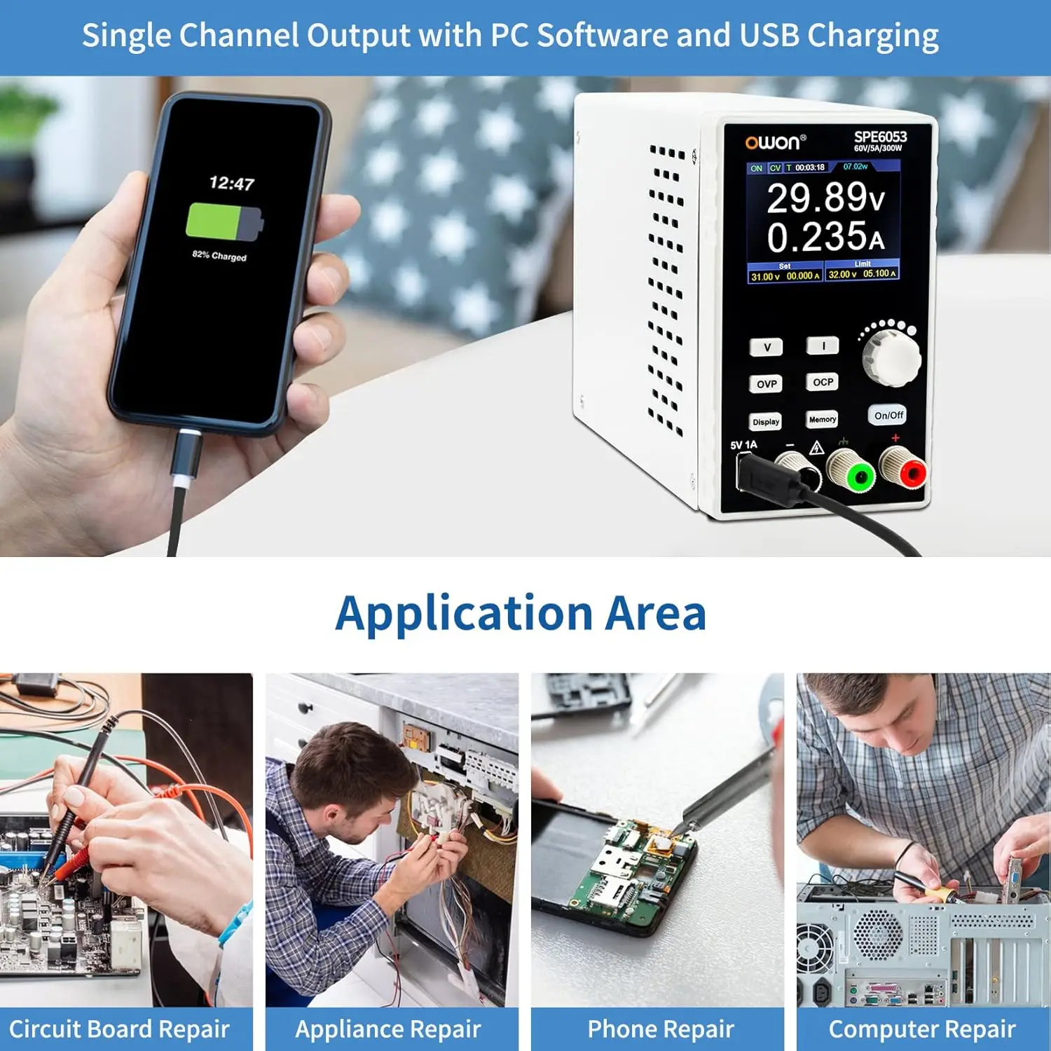 OWON 프로그래밍 가능 DC 전원 공급 장치, SPE6053 공급 300W 60V 5A 2.8인치 LCD 10mV/1mA, 해상도, 디지털 전압, 레귤레이터 스위치