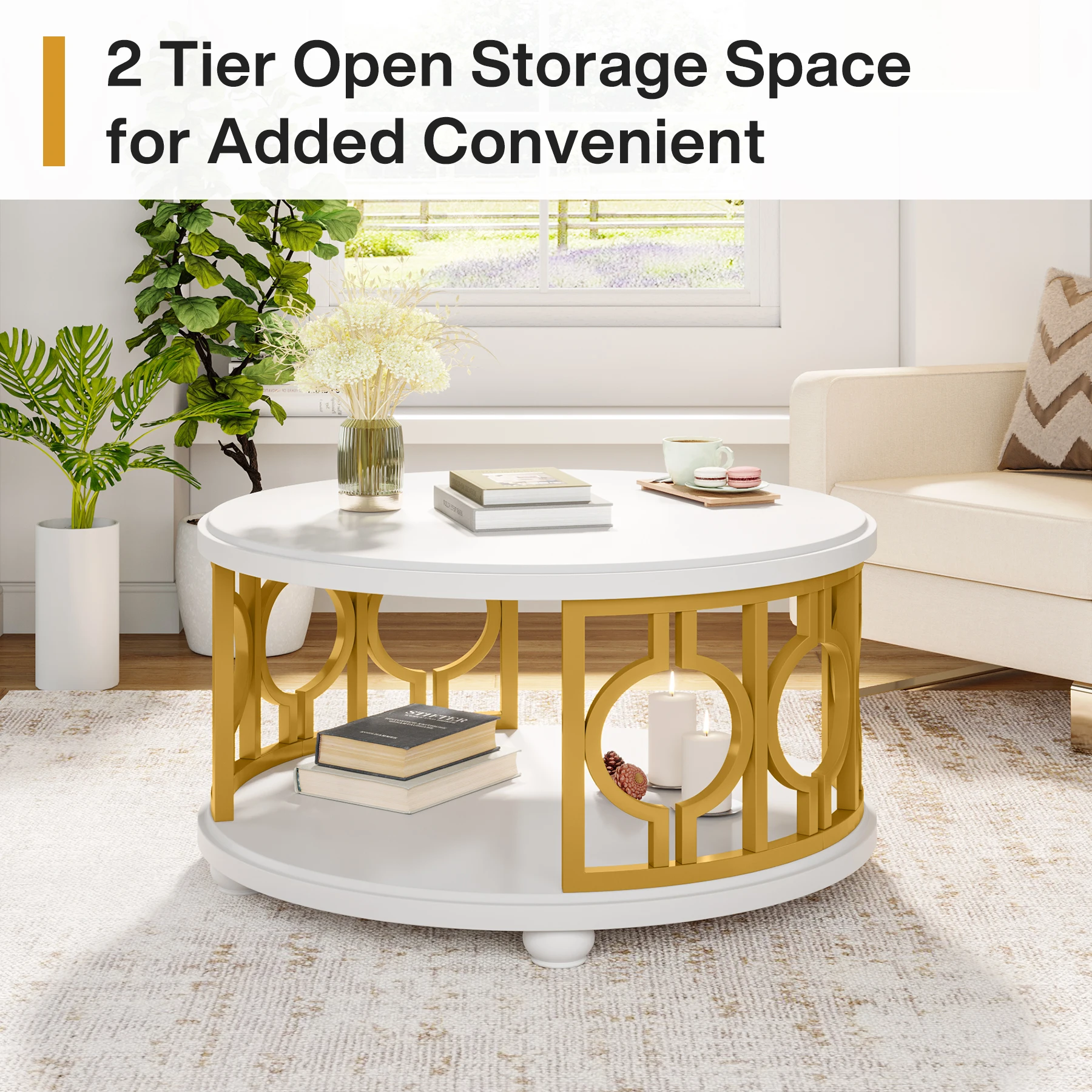 Tribesigns Round Coffee Table, 2-Tier Circle Coffee Table with Storage Shelf, Modern Center Table for Living Room & Office, Whit