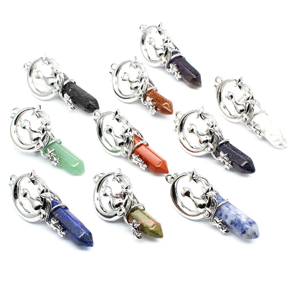 

Mineraali Hexagonal Cat Moon Star Pendants Natural Crystal Lapis Lazuli Aventurine Stone Cute Lucky Jewelry Woman Girl Necklaces