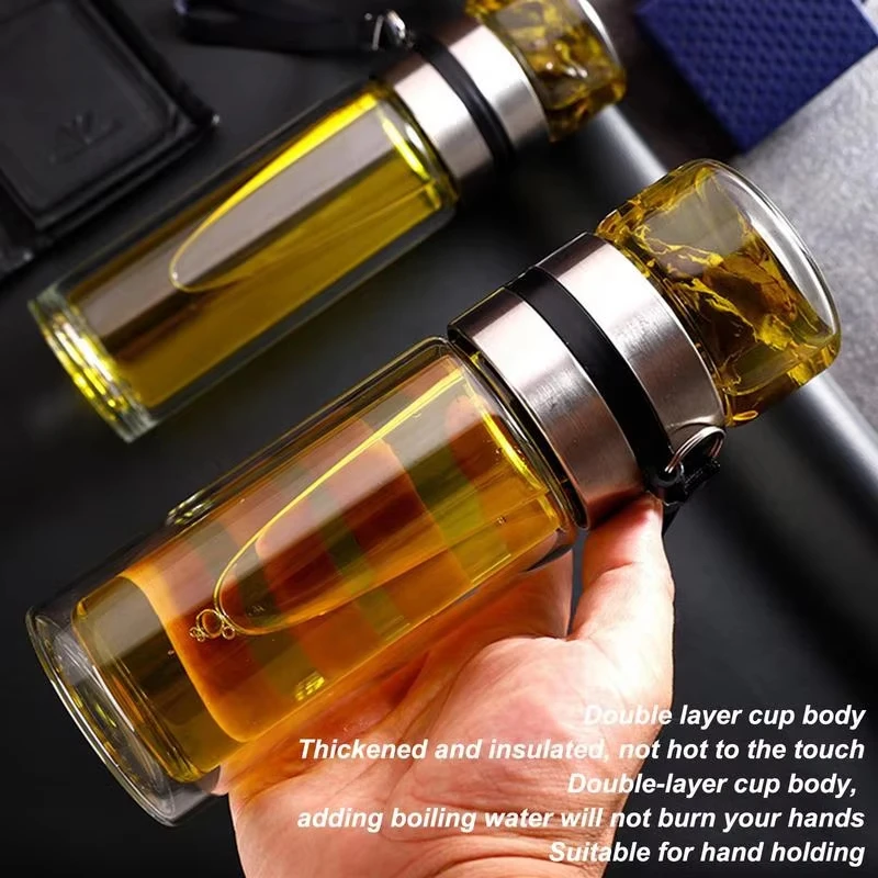 Premium Double Wall Glass Tea Infuser Bottle - Leak-Proof Portable Travel Mug