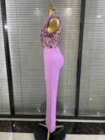 Light Purple Women Sleeveles Sexy V-Neck Shinning Sequins Feathers Bodycon Bandage Long Jumpsuit Nightclub Party Celebrate Wear - Image 3