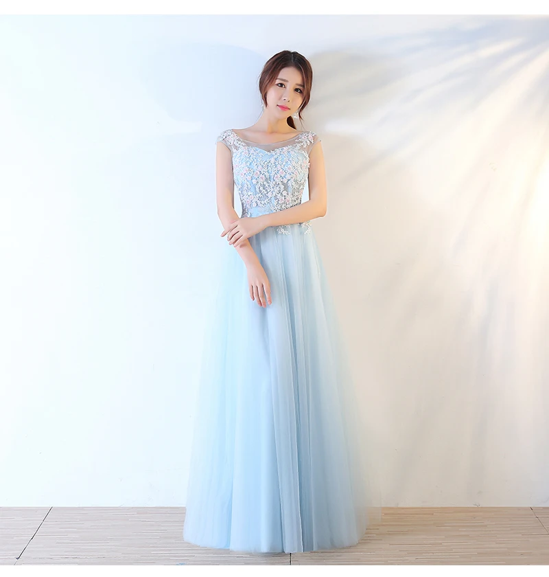 ball gown prom dresses Sky Blue Prom Dresses For Graduation Party Elegant Scoop Neck A-Line Floor-Length Appliques Tulle Evening Gowns Long blue prom dresses