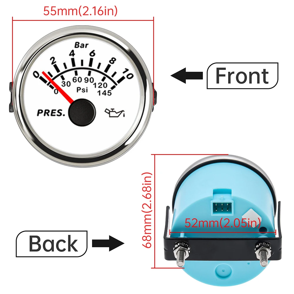 52mm Universal Oil Pressure Gauge Waterproof 0-10bar 0-145psi Marine Car Oil Pressure Gauge Sensors M10x1 NPT1/8  for Truck Boat