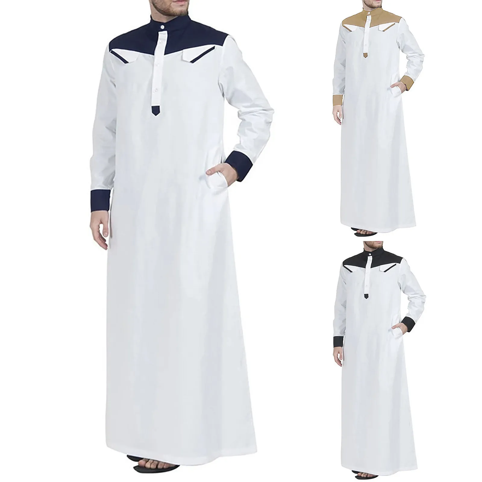 

Traditional Muslim Clothes Robe Fashion Contrast Color Men'S Saudi Arabic Thobes Ramadan Jalabiya Middle East Long Sleeve Abaya