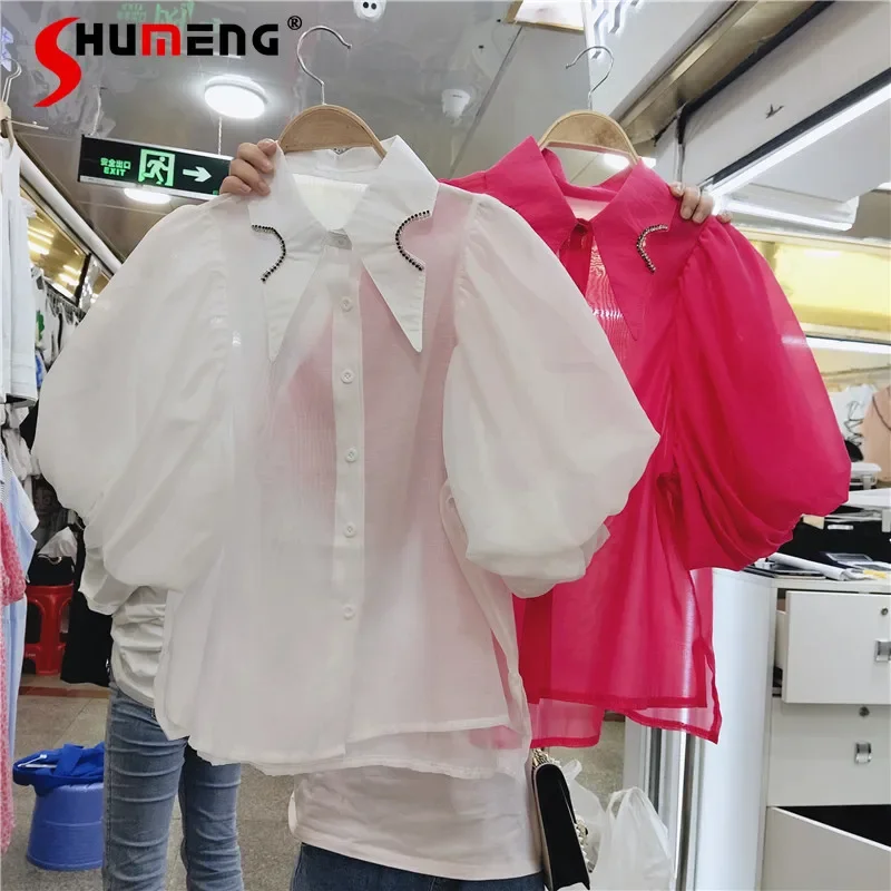 2022 Summer New White Lantern Sleeve Loose All-Match Diamond Lapel Top Shirt for Women Blusas Feminine Fashion Nice Blouse