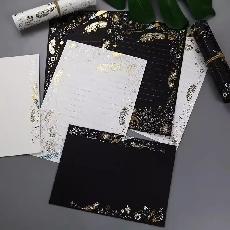 Black white feather paper envelopes bronzing letter pads wedding party invitation card cover gift packaging Korean stationery kraft paper envelopes