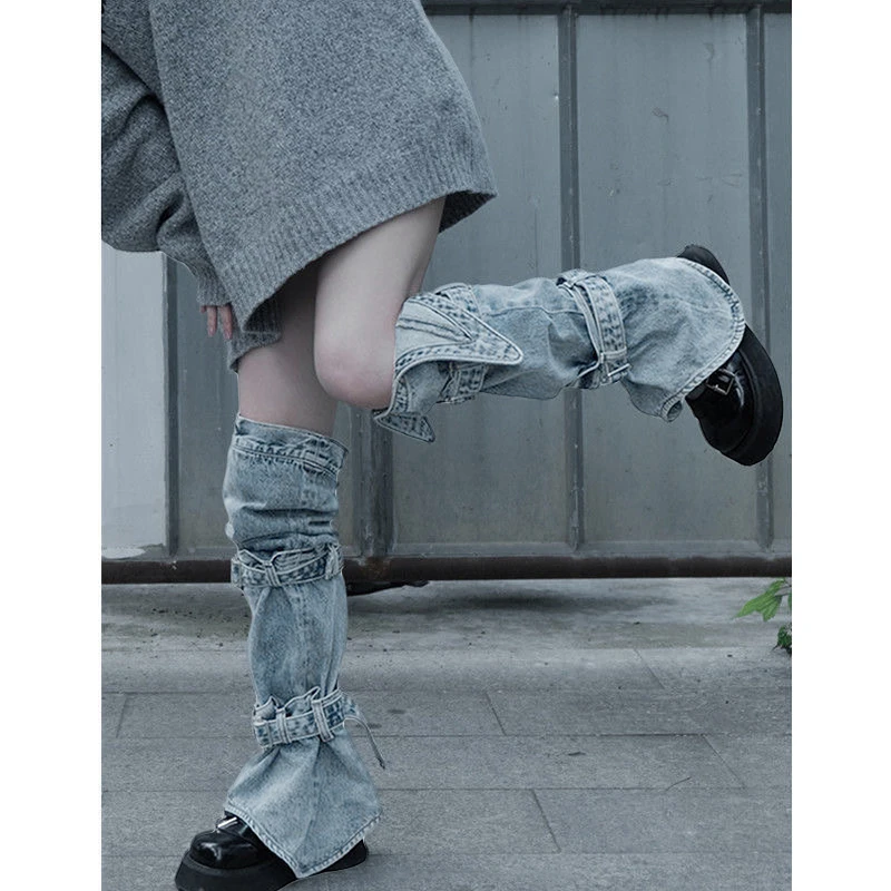 Women s Y2K Denim Leg Warmers 80s Knee High Harajuku Buckle Jean