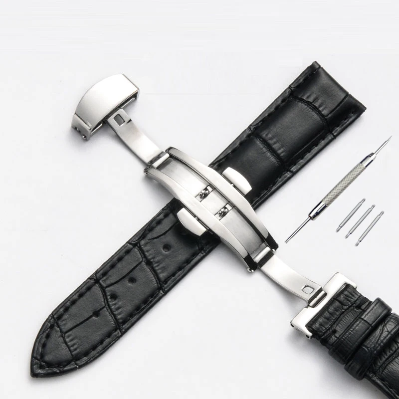 Butterfly Pattern Genuine Leather Watch Band Strap with Deployant Buckle in Brown & Black (12-24mm)