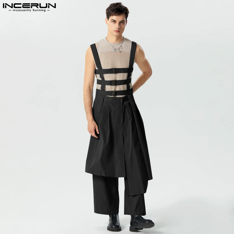 

INCERUN Men Jumpsuits Solid Sleeveless Pleated Skirts Trousers Streetwear 2023 Personality Male Irregular Rompers Overalls S-5XL