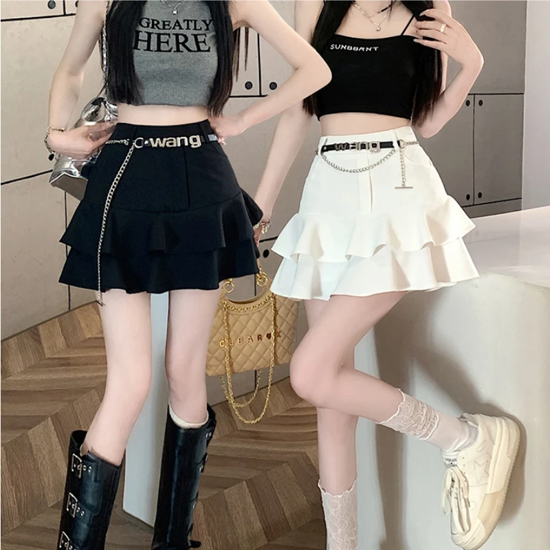

Fashion Chain Belt Black Skirt Women Summer 2023 Korean Style High Waist Ruffled Edge Mini Skirt Female Y2k Kawaii A Line Faldas