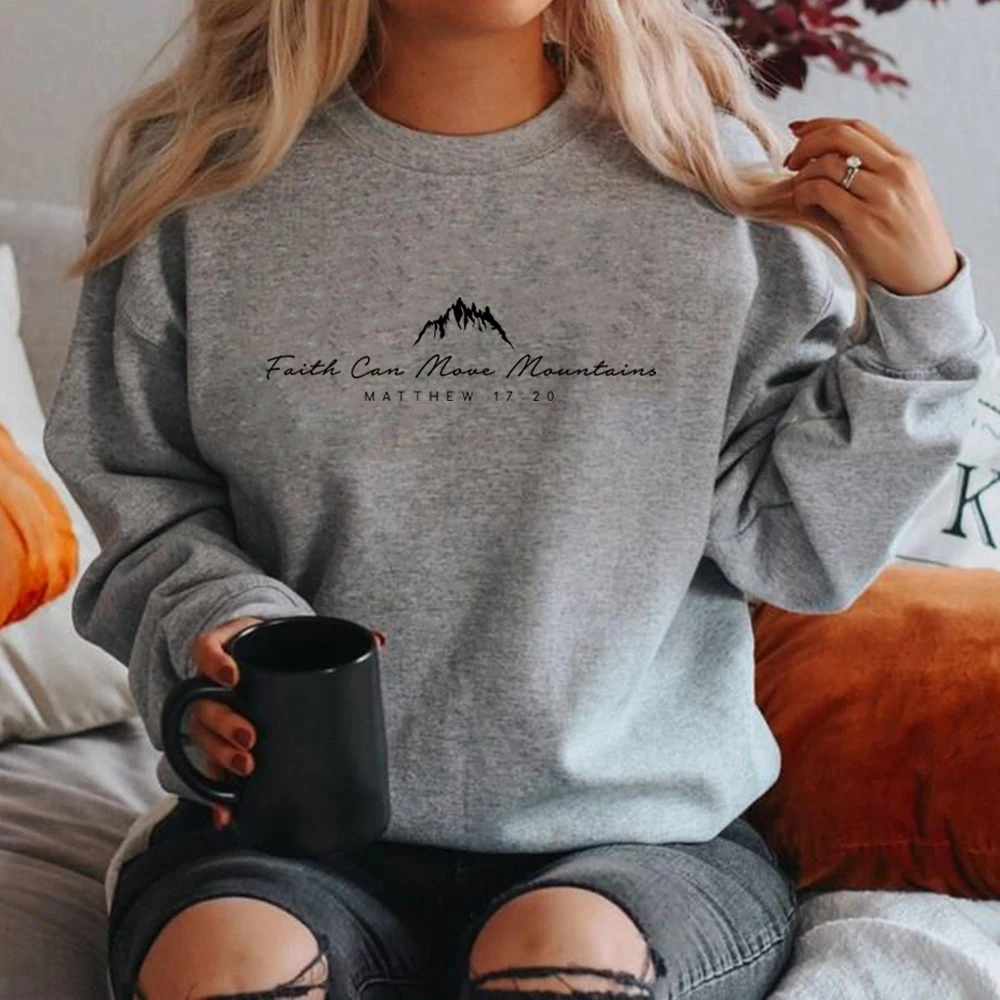 Faith Can Move Mountains Sweatshirt Christian Clothing Faith Hoodie Cute Religious Pullover Women Christian Sweater Graphic Top