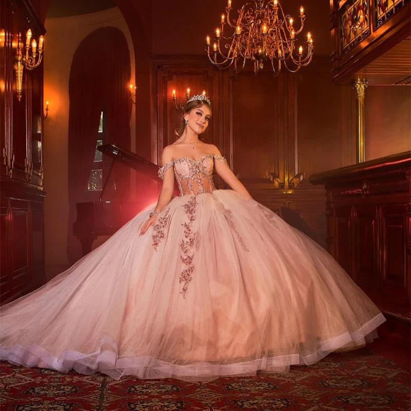

Princess Off The Shoulder Light Pink Quinceanera Dresses Ball Gowns Birthday Gowns Lace Up Sweet 15 16 Vestidos de Quinceanera