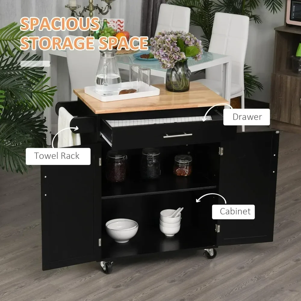 Kitchen Island Cart Rolling Trolley Cart with Drawer, Storage Cabinet & Towel Rack, Black Kitchen