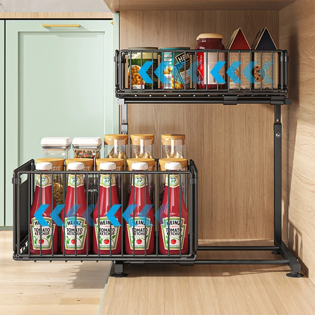Organizzatore per armadio estraibile a 2 livelli, portaoggetti da cucina regolabile, sotto il lavello, portaoggetti per barattolo di spezie, cassetto scorrevole 5