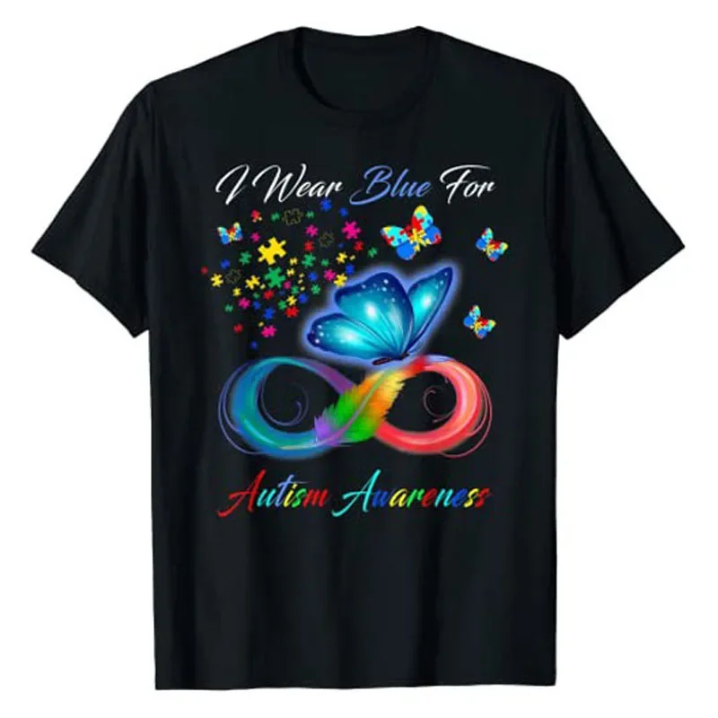 

I Wear Blue for Autism Awareness T-Shirt Casual Fashion Tee Y2K Tops Ribbon Blue Butterfly Autism Warrior Apparel Novelty Gifts