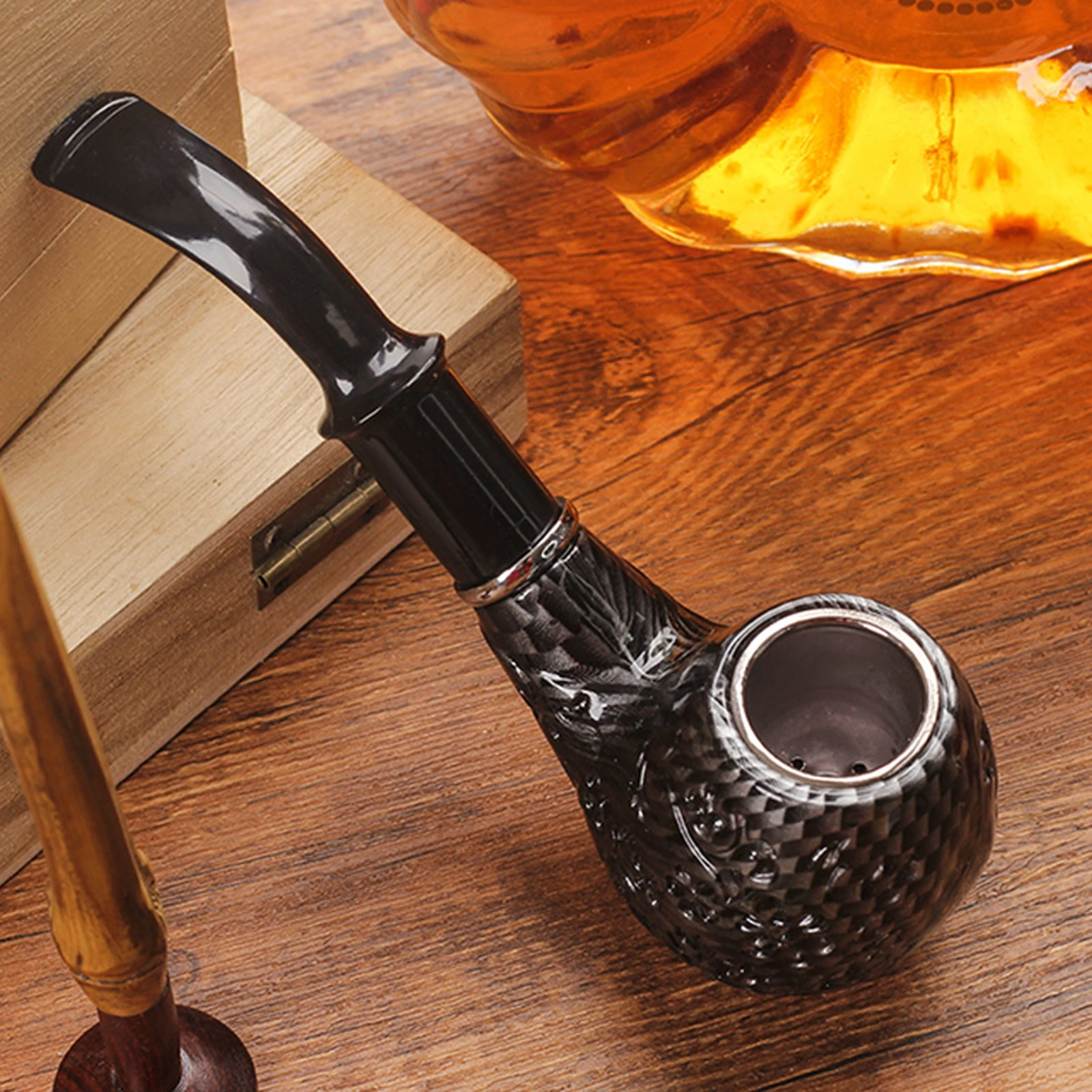 1pc Cigarette Tobacco Black Carved Curved Resin Pipe, Detachable Resin Tobacco Pipe, Smoking Pipe