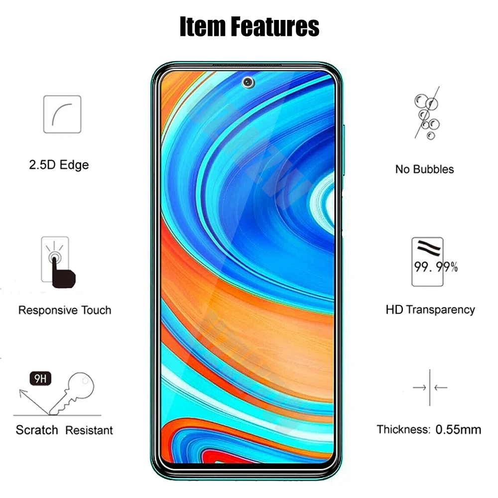 Protector de pantalla de cristal templado para Xiaomi Redmi Note 9 Pro 9s  Note 9T, película de lente de cámara, 2 unidades