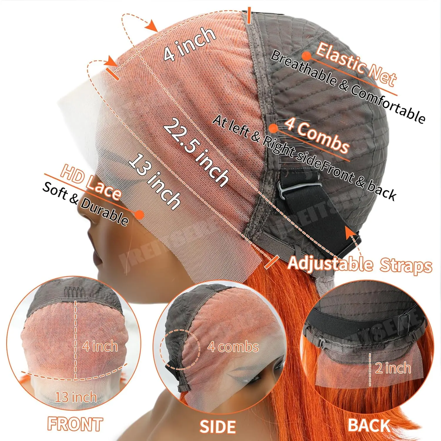 13x4 HD Lace Front Wig 34 Inch Ginger Orange Straight 250 Density Pre Plucked Natural with Baby Hair 3