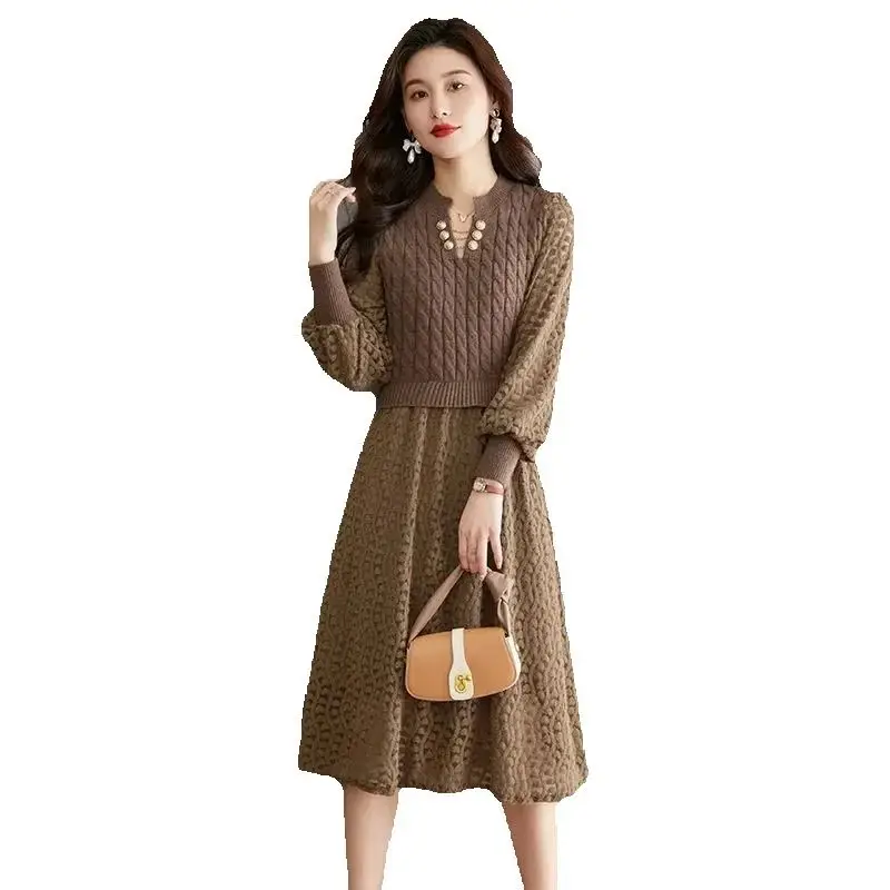 Autumn and Winter Woolen Dress New Women's Knitted Elegant Fashion Style Splicing Skirt Slim fit Medium length Dress for Outwear