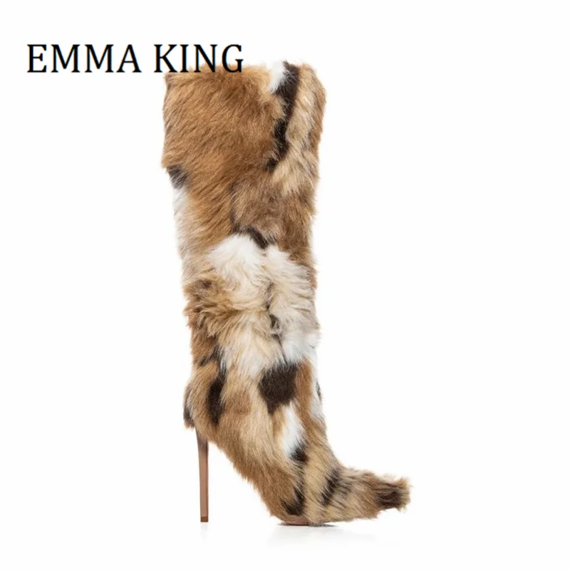 

Женские зимние пушистые сапоги до колена, привлекательные коричневые сапоги с острым носком на шпильке, модная классическая обувь, большой размер 46, 2024