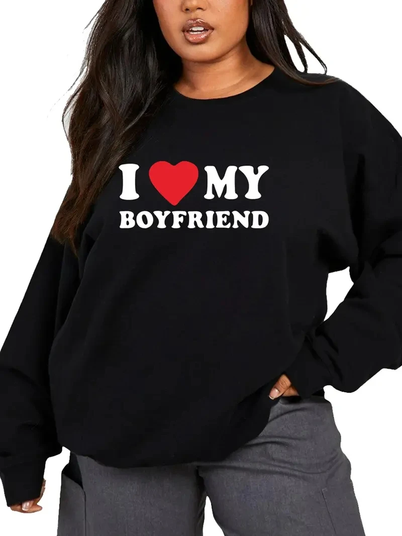 I Love My Boyfriend Letter Print Pullover, Crew Neck Sweatshirt, Long Sleeve Simple Versatile Top, Couples Clothes