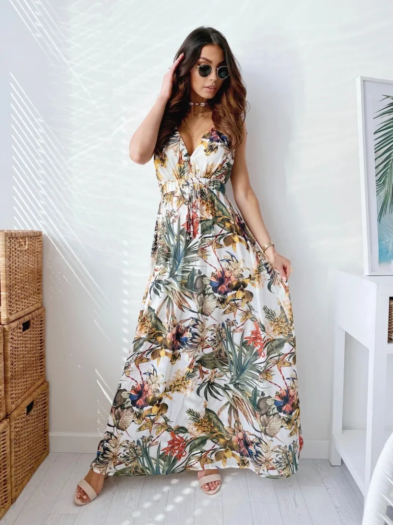 

Women's New Summer V-neck Dress with Printed Backless Straps Sexy and Fashionable Vacation Style Dress