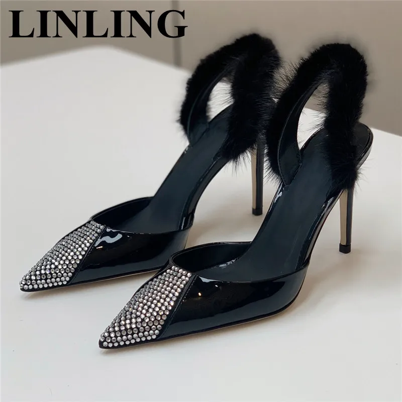 

Shiny Crystal High Heels Gladiator Sandals Women 2023 Summer Bling Rhinestone Pointed Toe Party Shoes Woman Fur Back Strap Pumps