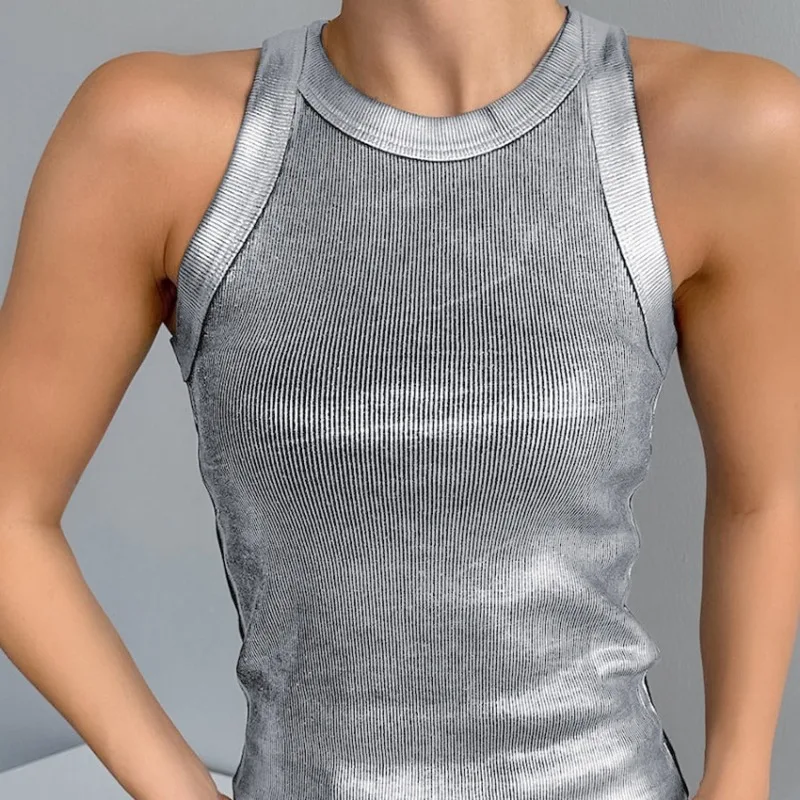 New Spring Women's Fashion Slim Silver Pullover Casual Knitted Tank Top Temperament Commuting Female Elegant Sleeveless T-shirt