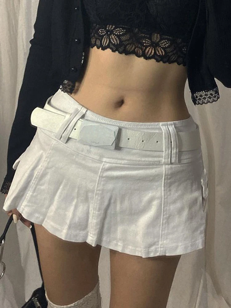 

Belted Low Waist Micro Pockets 2023 Denim Skirt Cute Bottoms Summer Fashion 90s Culb Women Y2K Skirts Aesthetics Basic