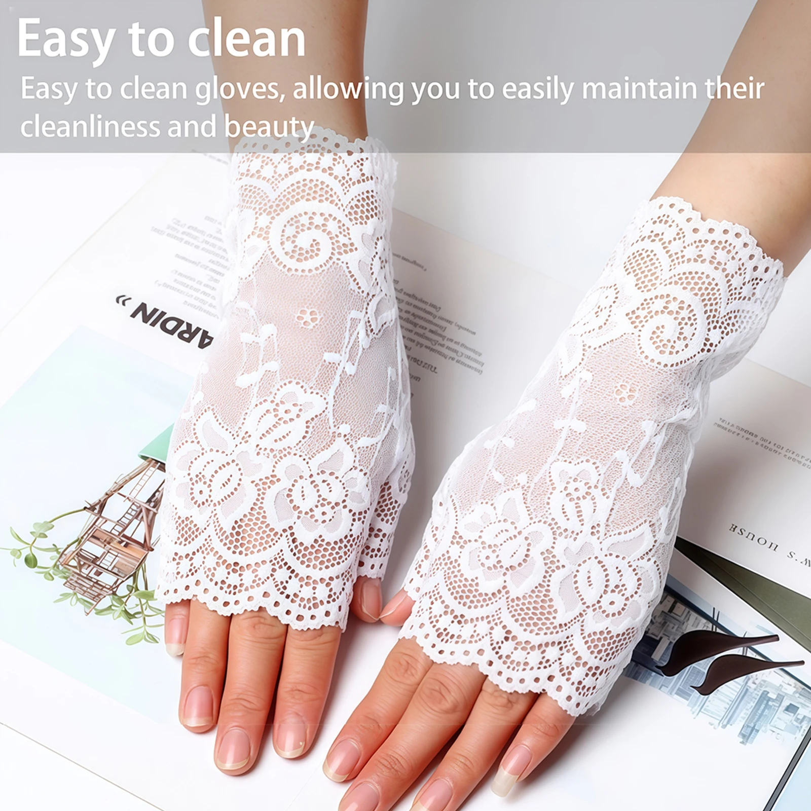 여성용 자외선 차단 운전 장갑, 레이스 디자인, 가벼운 여름 스타일, 반손가락 장갑, 오픈 핑거 댄스 및 포멀