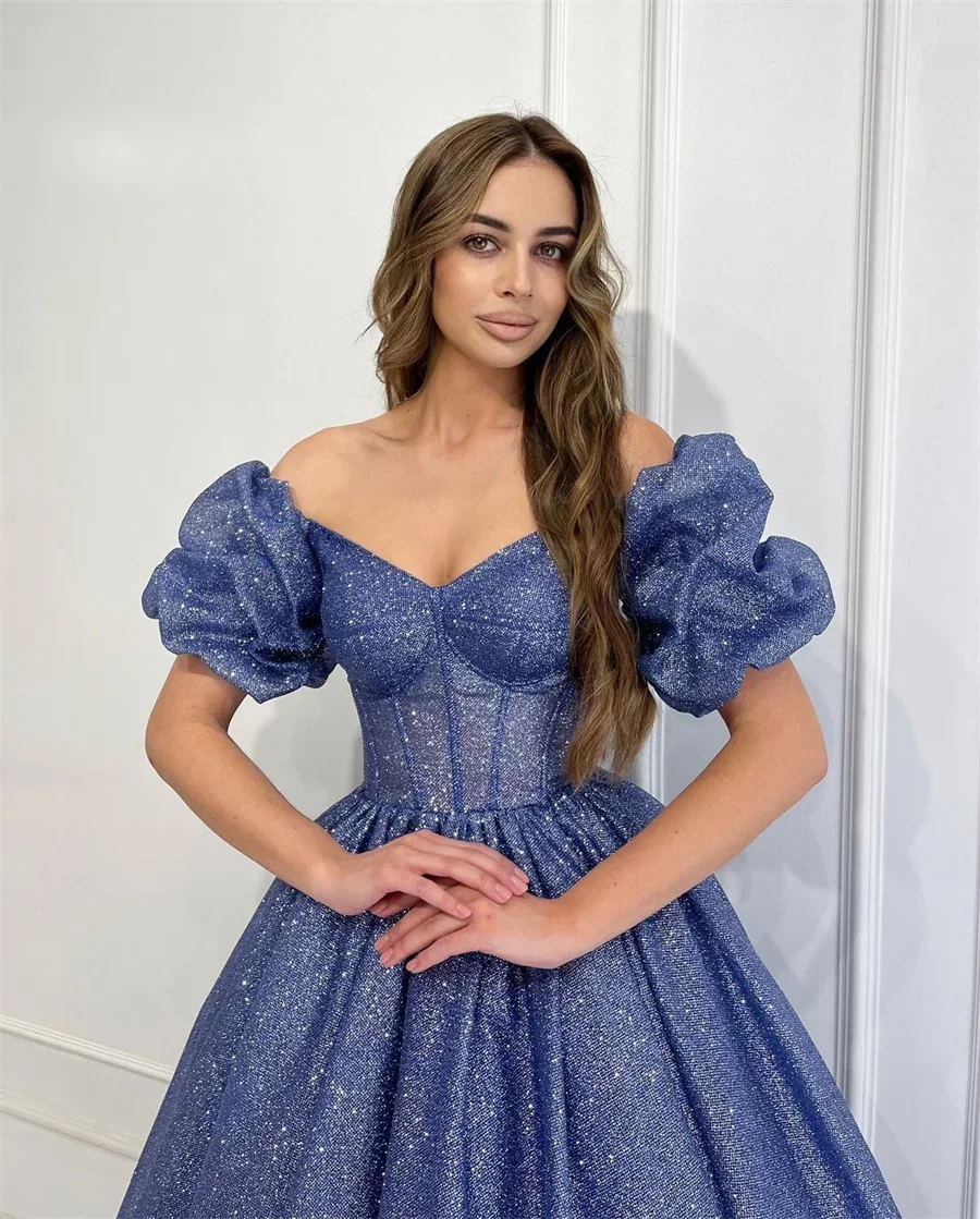 Sexy Banquet women prom dresses Off Shoulder Prom Glitter Ankle Length Sweetheart Evening Gowns Puff Sleeve Backless Cocktail Party