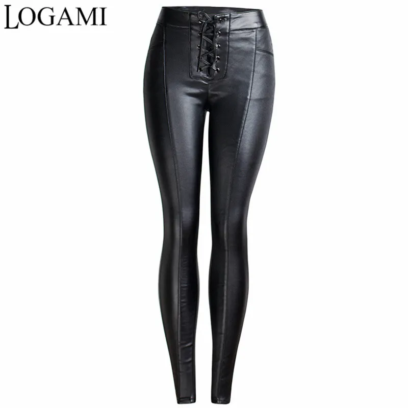 Logami Lace Up Faux Leather Pants Women 