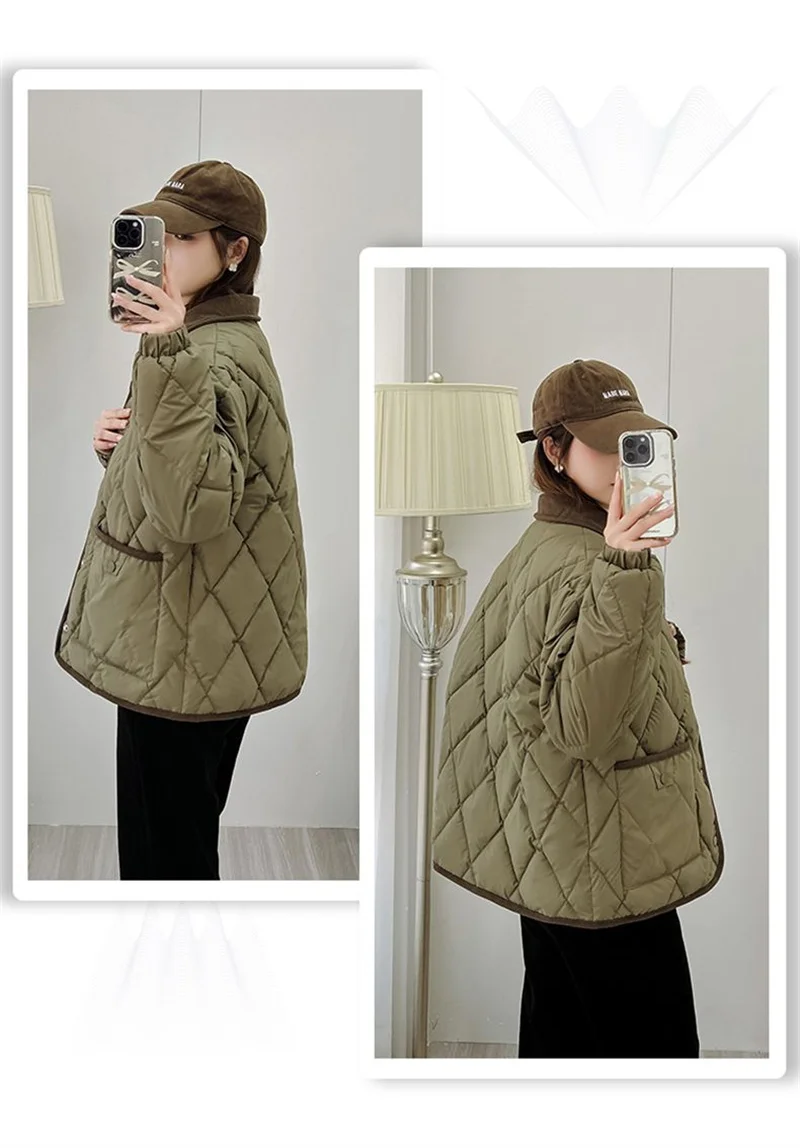 Autumn Winter Overcoat PU Leather Cotton-padded Jacket Women's Rhombic Lattice Short Coats Female Warm Outerwear No-wash Parkas