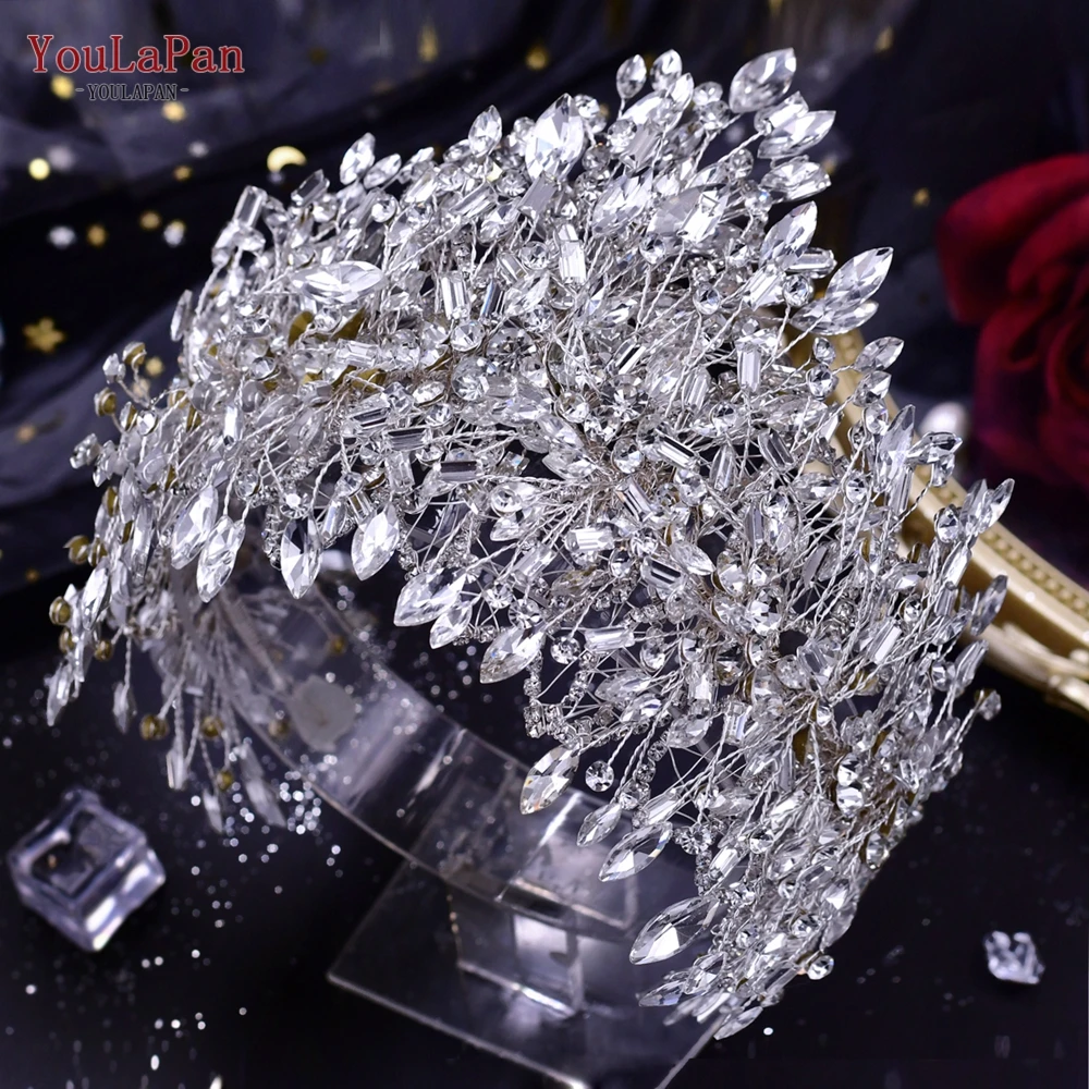 YouLaPan HP372 Silver Crystal Crown for Bridal Wedding Hair Accessories Bride Tiara Handmade Woman Headband Pageant Headdress