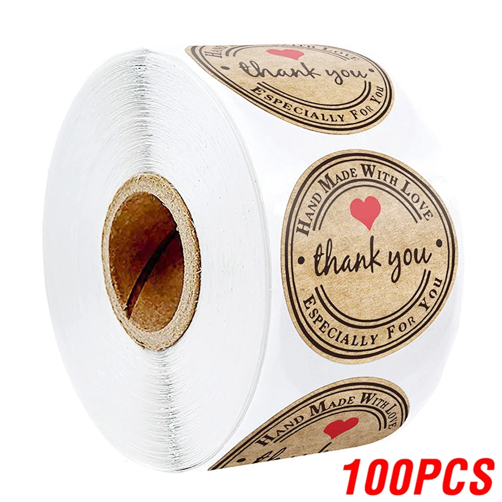 1in Natural Kraft thank you Stickers Heart shape seal labels 50-500pcs stickers scrapbooking for Package stationery sticker 